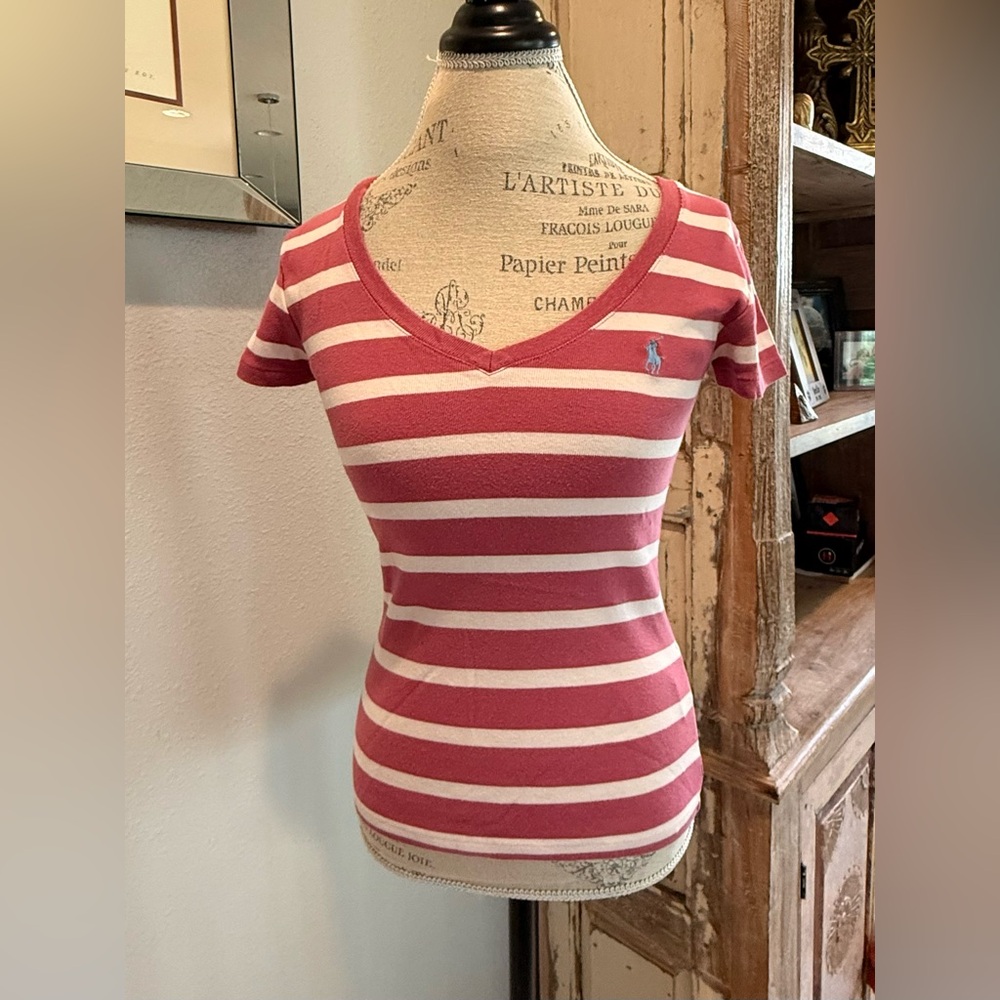 Ralf Lauren Sport Striped Pink V-Neck Tee Sz S